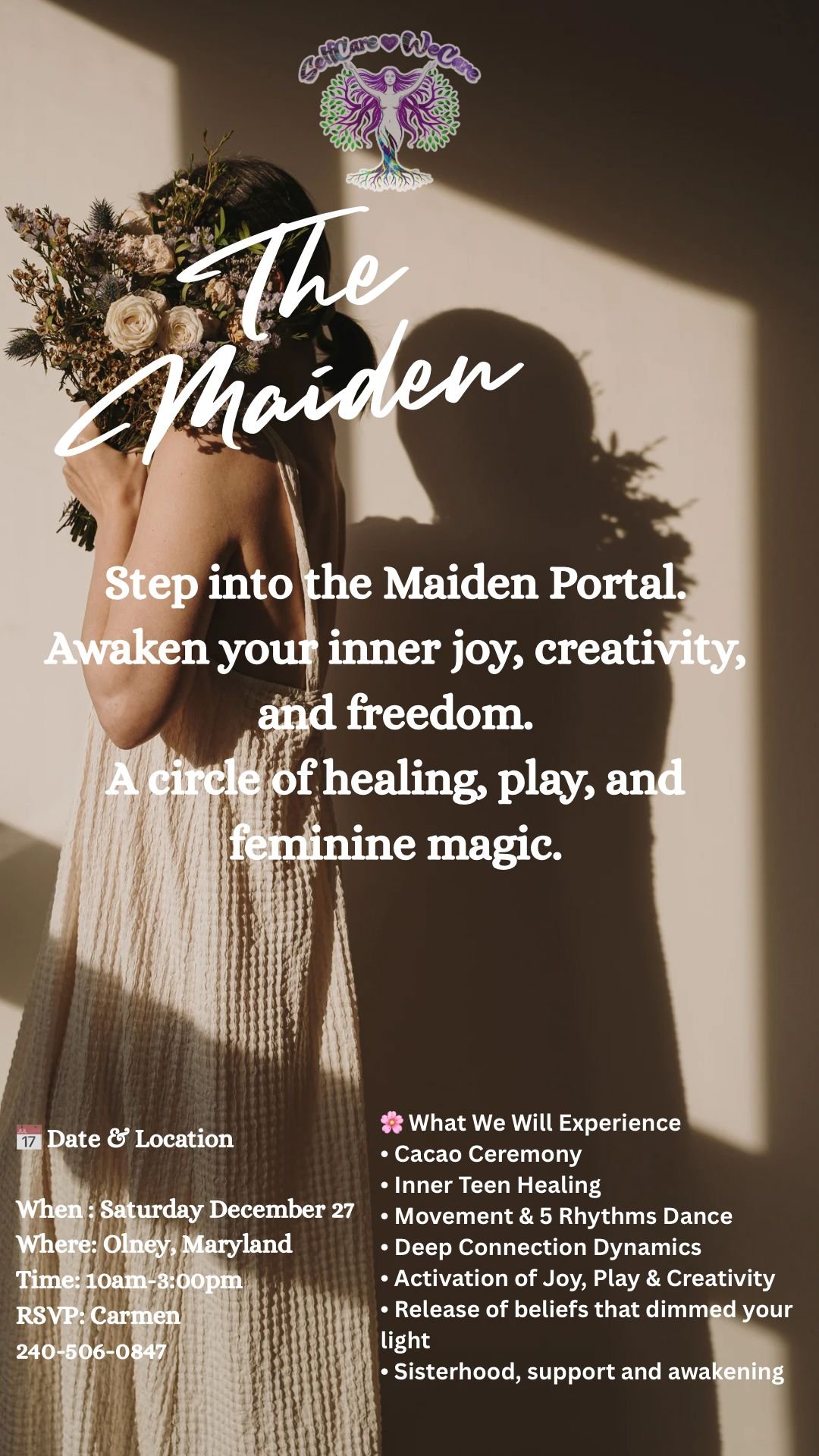 ✨ She is calling you... ✨The Maiden 🌸the magic, joy, and light that rest within you.This December 27, open a portal of rebirth.A Women's Circle created to:🌿 heal your inner teenager🌿 gently open your heart🌿 reconnect with playfulness, intuition, and magic🌿 be reborn from your purest essenceThe Maiden does not demand.She does not rush.She does not compete.✨ She just remembers who she is.If you feel the call...it is no coincidence.It is time to awaken.📅 December 27👩‍🦰 Women's Circle — Portal of Rebirth⏳ Limited spaces available📲 Reserve your spot: 240-506-0847