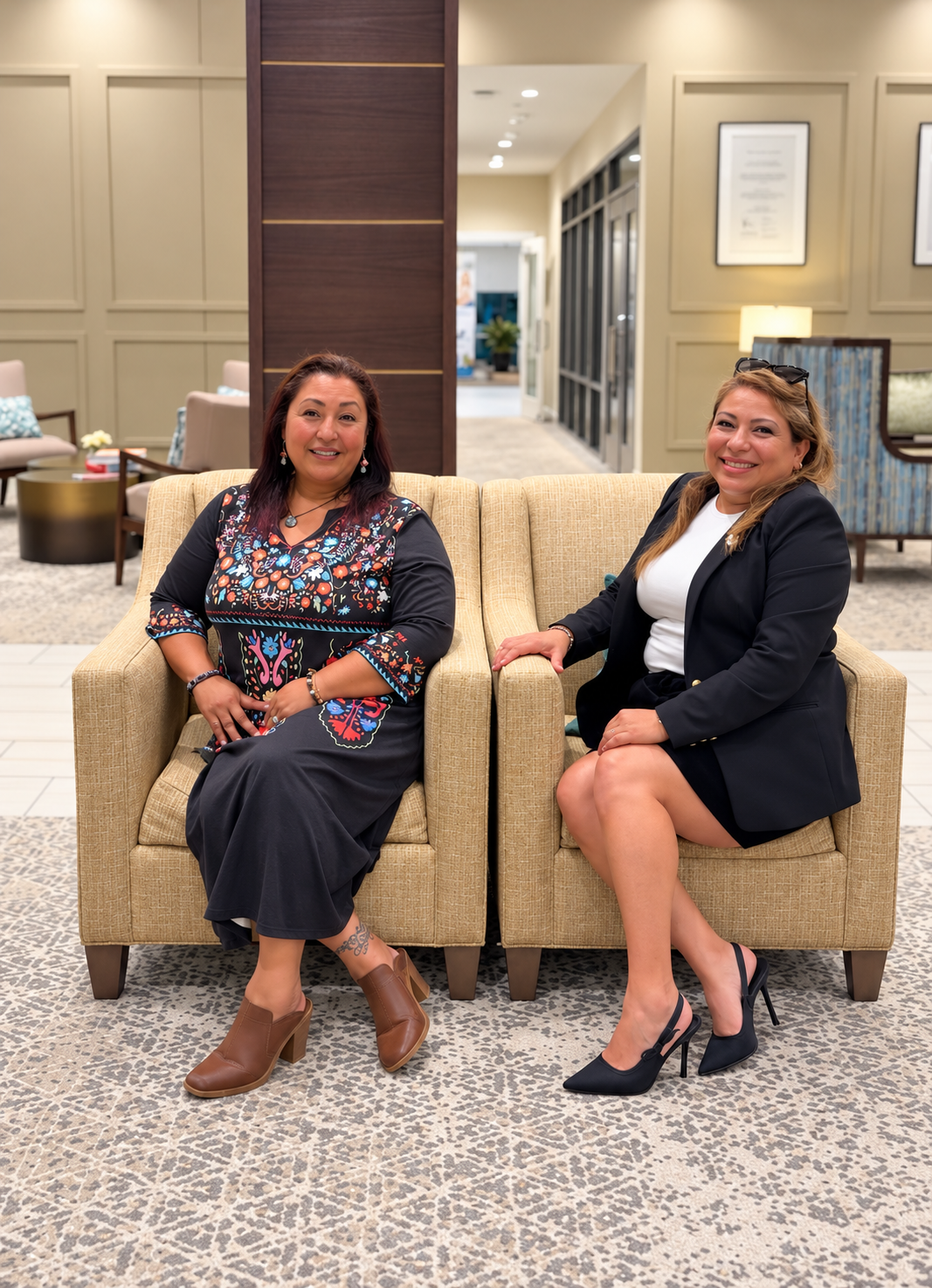 Carmen seated with another professional