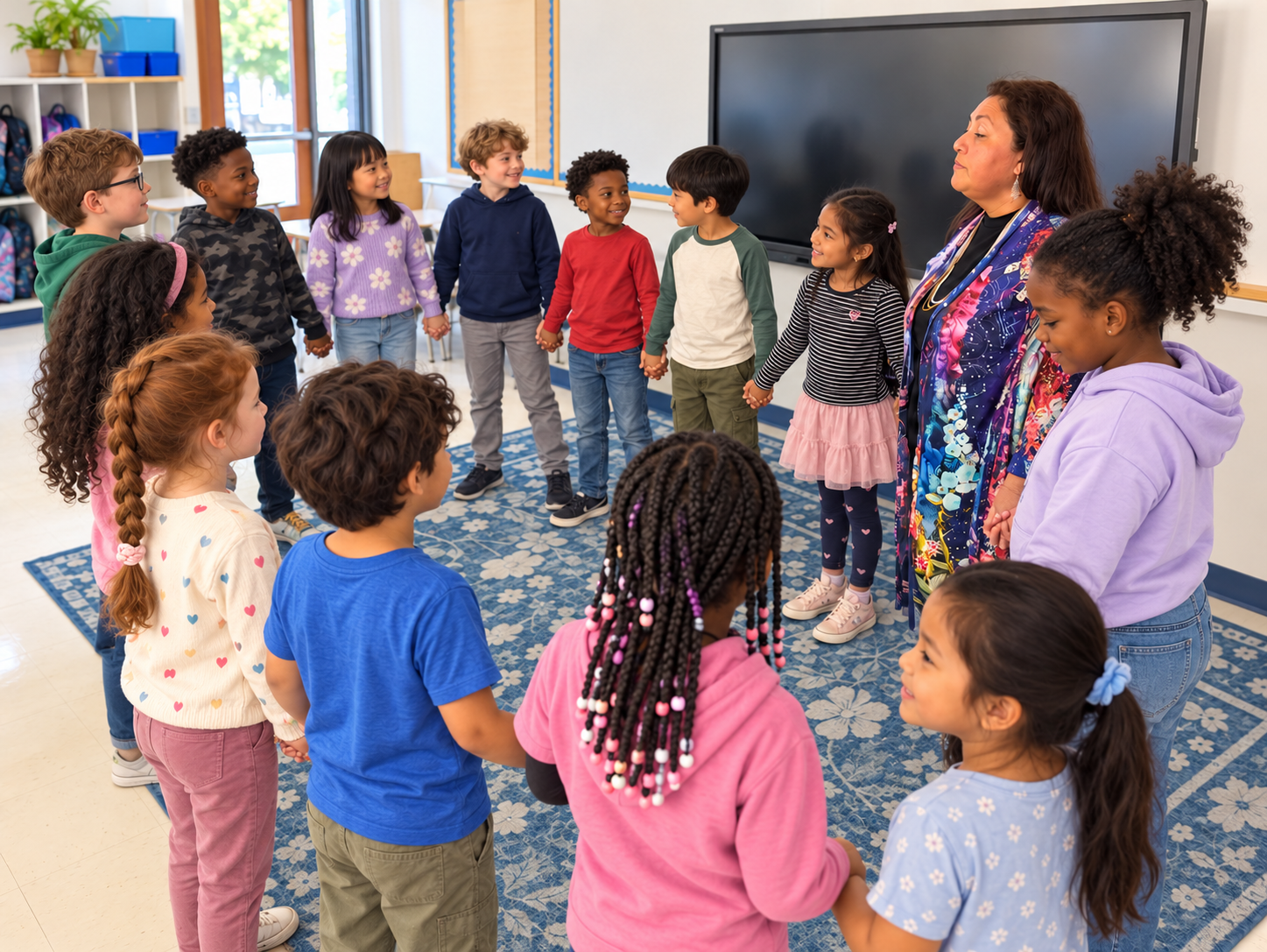 AI-edited illustrative community circle with fictional children