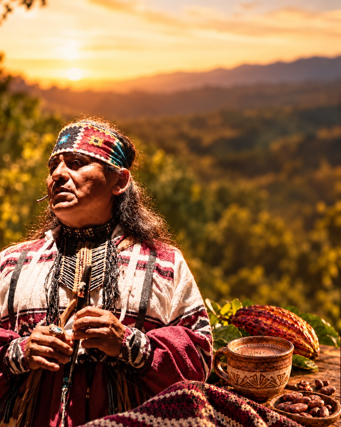 Grandfather Iron Eagle outdoors in warm golden light, with cacao in the foreground.
